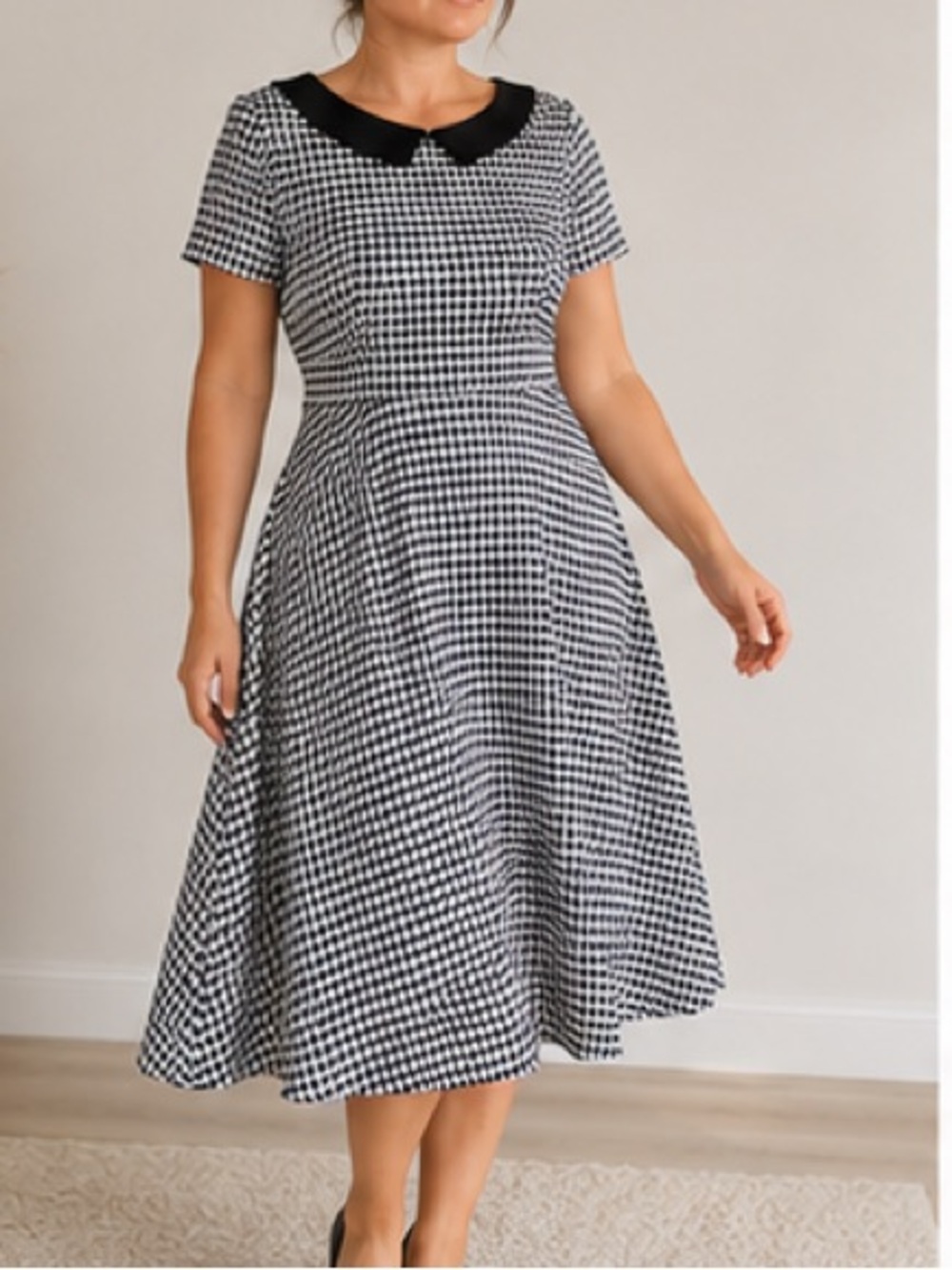 Black & White Gingham Midi Dress with Contrasting Black Collar